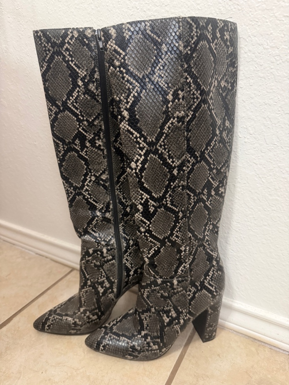 Forever 21 Black and Gray Snake Print Knee Boots